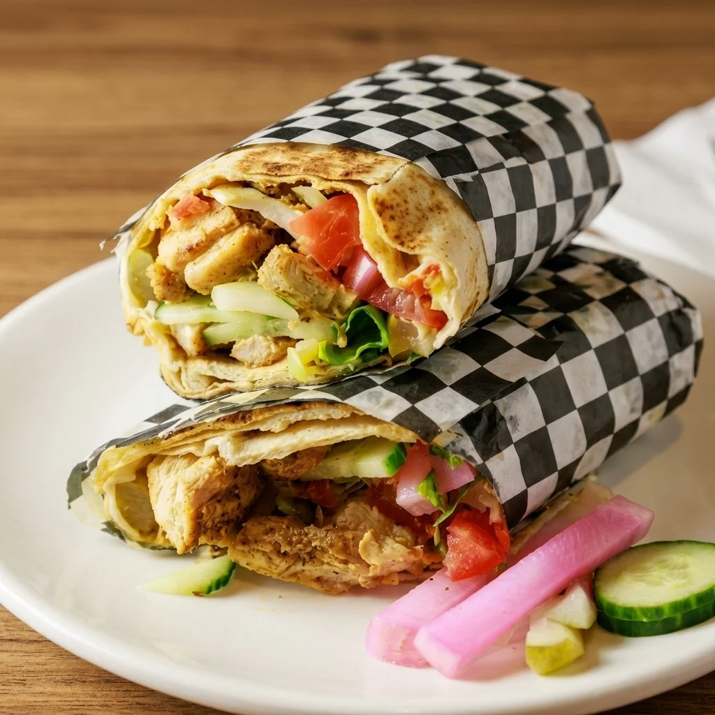 Chicken shawarma wrap with garlic sauce, pickles and fresh vegetables at Shawarma Grill, Centre Avenue East, Airdrie